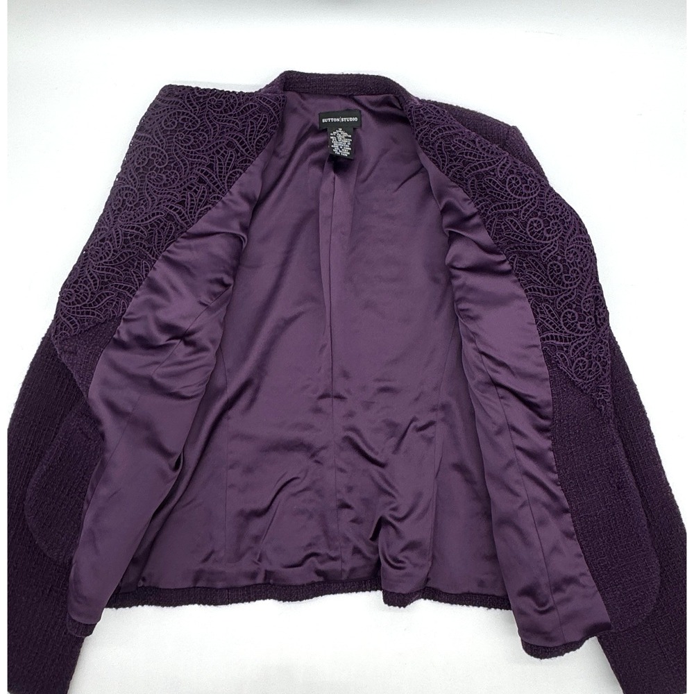 Sutton Studio Purple Boucle Blazer Embroidered Guipure Lace Lapel Women's Sz 10 - Picture 2 of 9